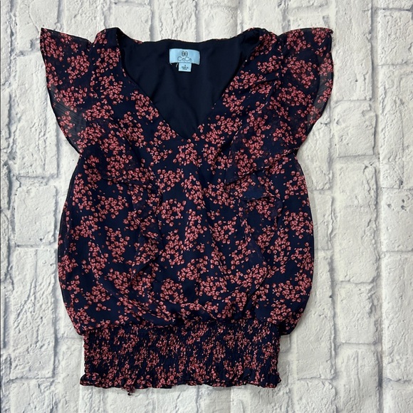 CeCe Navy and Pink Floral Blouse - Picture 1 of 3
